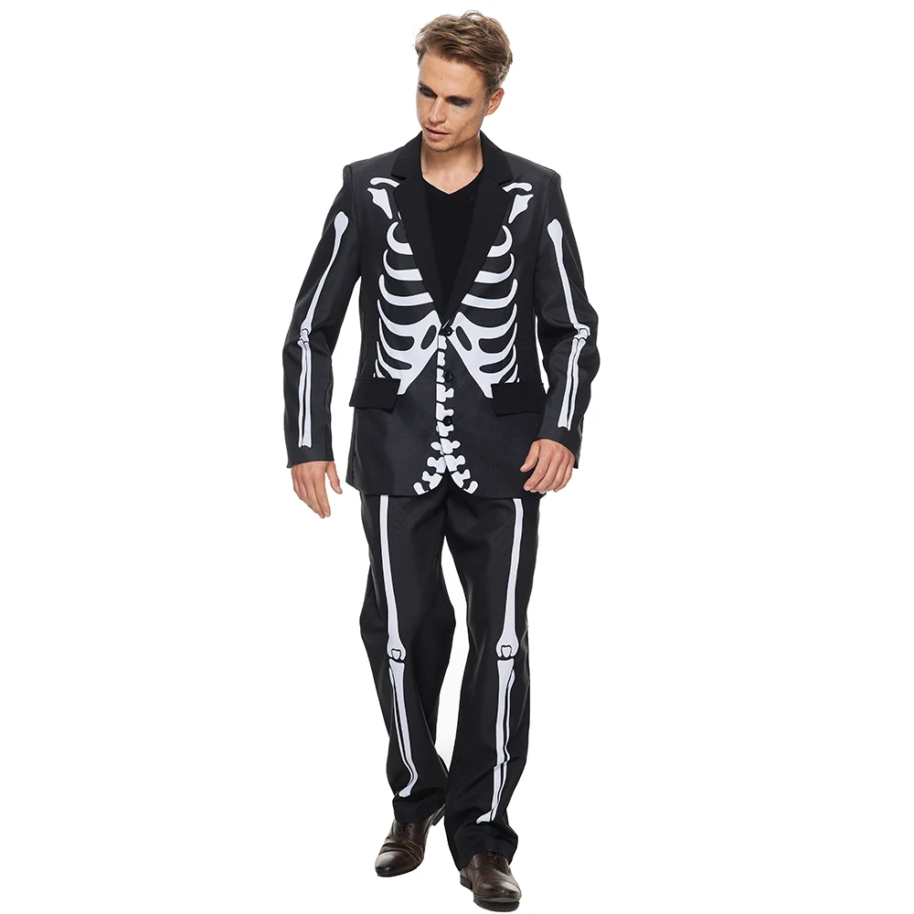 Fato de esqueleto de Halloween masculino, smoking, blazer com osso de caveira e calças, preto e branco, roupa para festa de carnaval