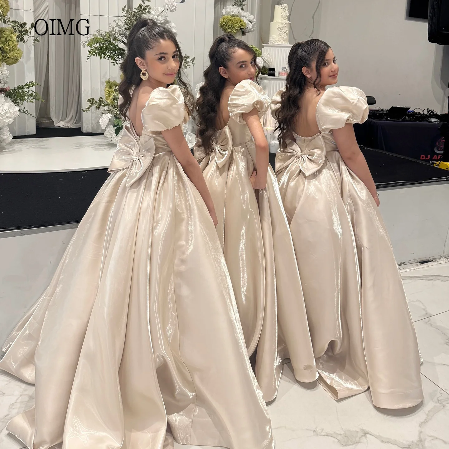 

OIMG Champagne O Neck Flower Girl Dresses Puff Sleeves Long Wedding Party Dress Birthday فساتين اطفال Customized
