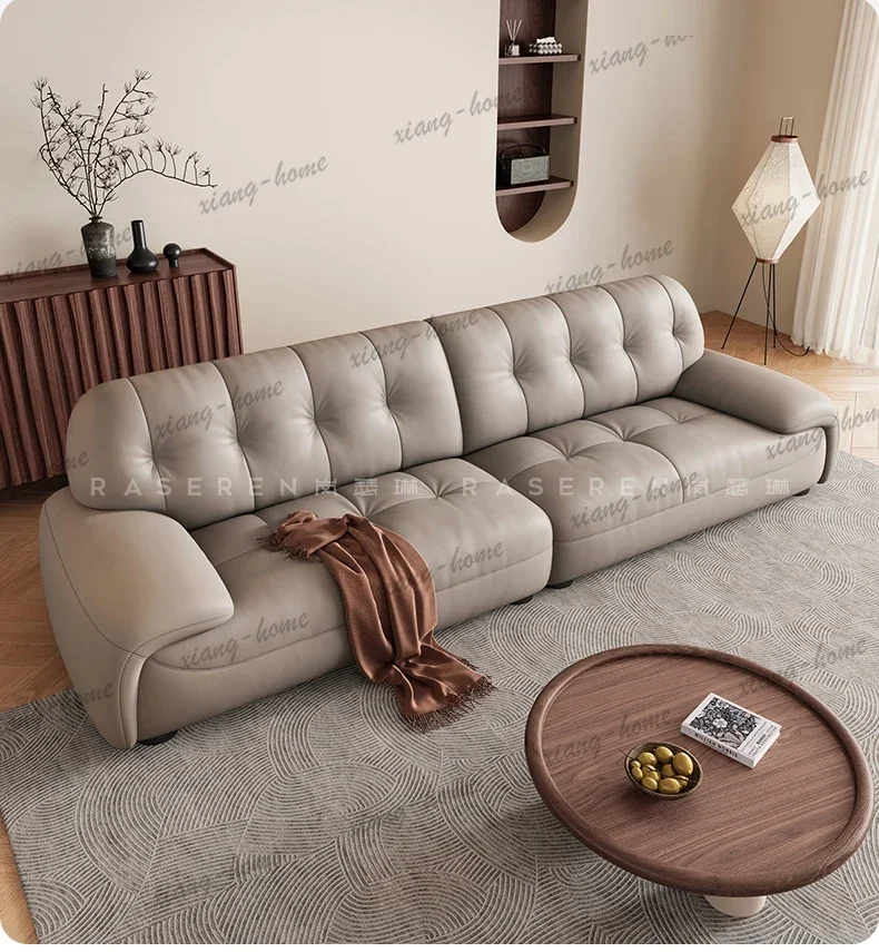 FG Italian retro leather sofa living room simple modern small apartment straight row, three people wide sitting deep