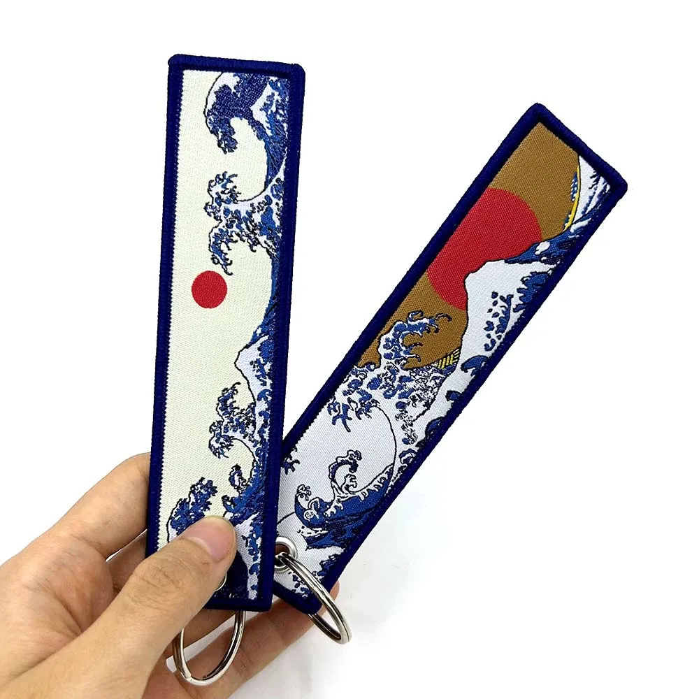 LLavero JDM Hokkaido Waves, llaveros japoneses, tela corta bordada, soporte para coche, llavero para sol de mar, Honda, Toyota, colgante para coche