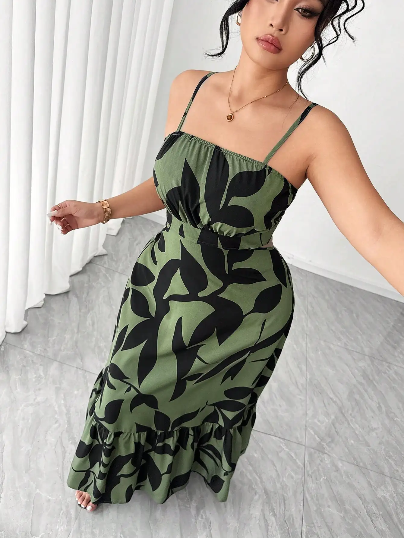 

Plus Size Asymmetrical Leaf Print Sleeveless Waist Cinched Maxi Dress For Vacation Date Spring Autumn
