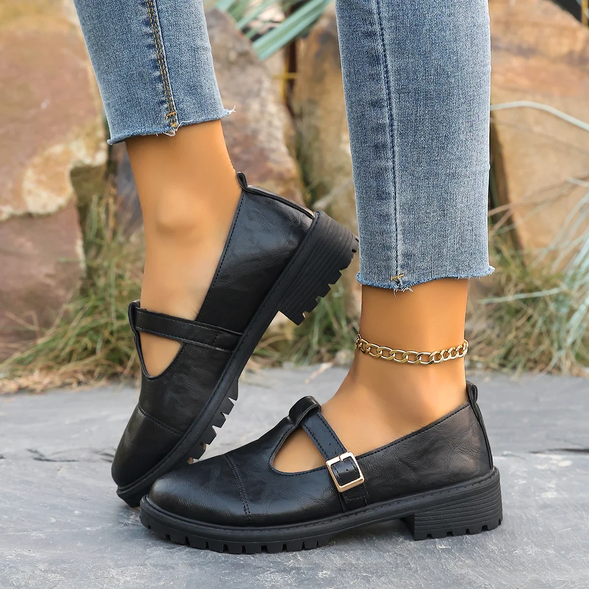 Wear Resistant Thick Heel Mary Jane Shoes Women Casual Style Leather Upper Spring Season