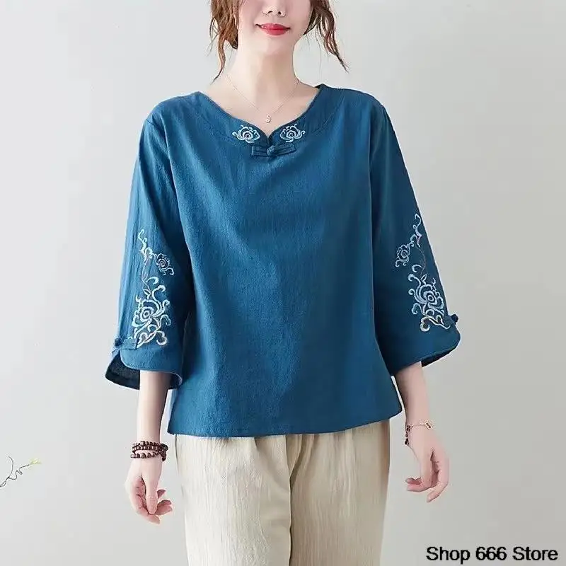 Spring and summer Chinese Style New Button Cotton T-shirt Plain Color Literary and Artistic Retro Ethnic Style Embroidered Hanfu