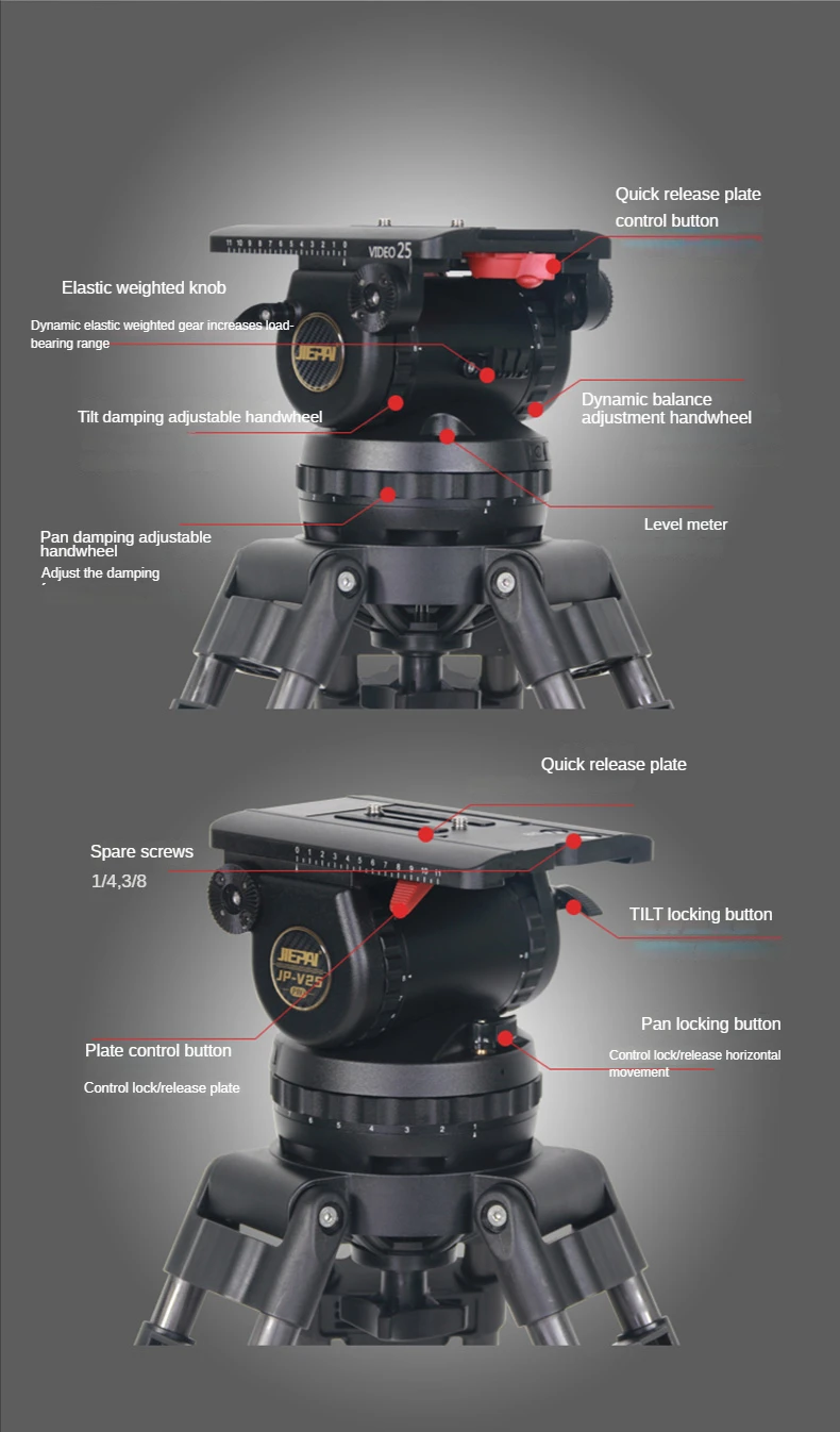 JIEPAI V25 PRO Heavy Duty Fluid Head Professional Video Camera Tripod Head 150mm Bowl 40KG with Pan bar for ENG FILM