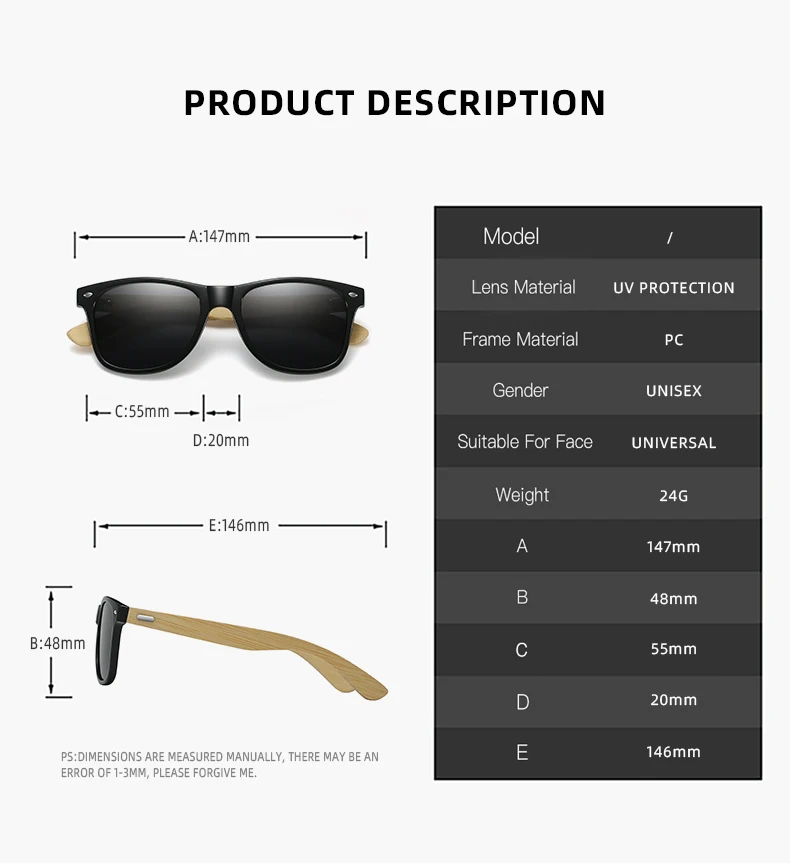 Mode Bambus Holz Vintage Quadrat Sonnenbrille Männer Frauen Luxus Marke Designer Sonnenbrille Holz Fahren Angeln UV400 Brillen – Detail 6