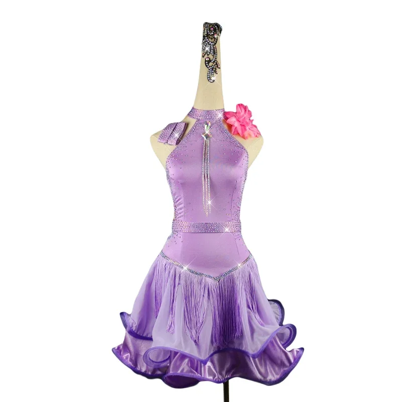 Robe de brevLatine Sexy avec Strass Violets pour Fille, Vêtement de Salle de Bal pour Enfant, Collection d'Été