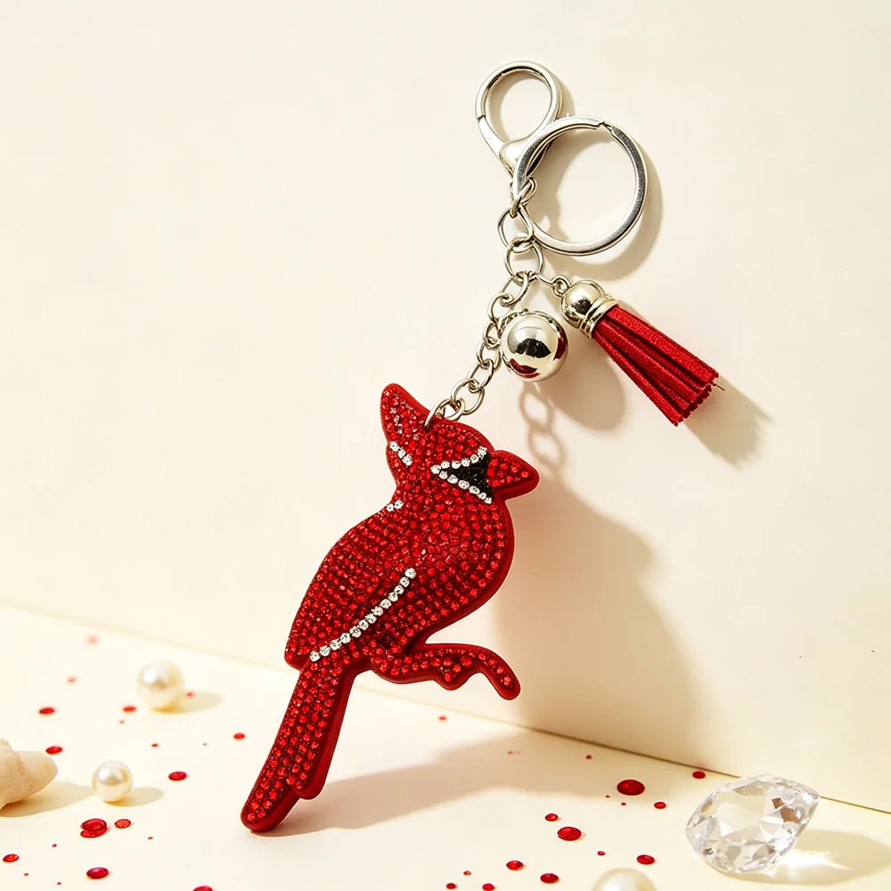 Full Rhinestone Northern Cardinal Pendant Keychain, Cute Red Bird Key Chain with Tassel & Bead, Fashion Handbag Ornament