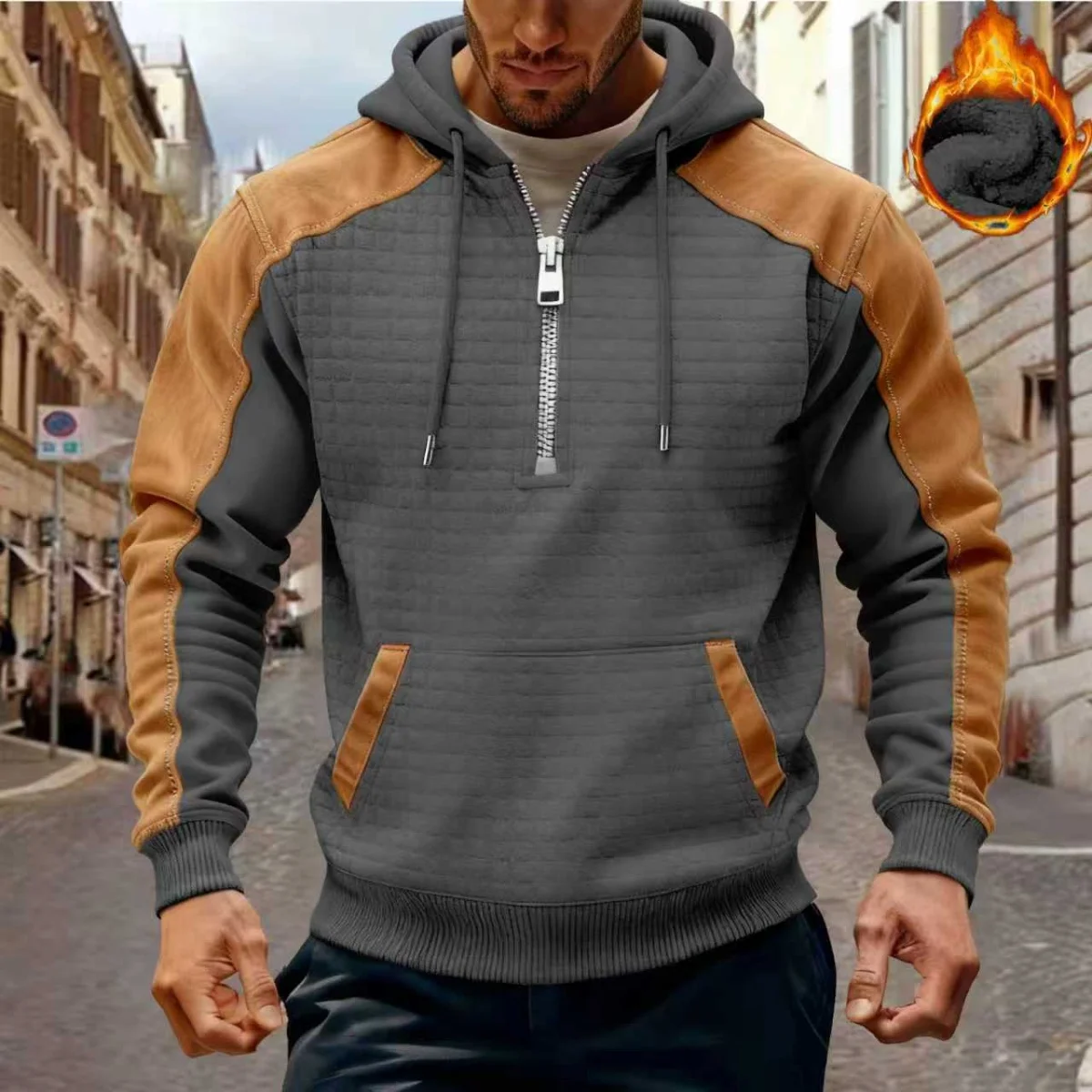 Men's High-End Fashionable Double-Layer Hooded Sweatshirt Small-Checkered Half-Zip Color-Block Casual Pullover Shirt
