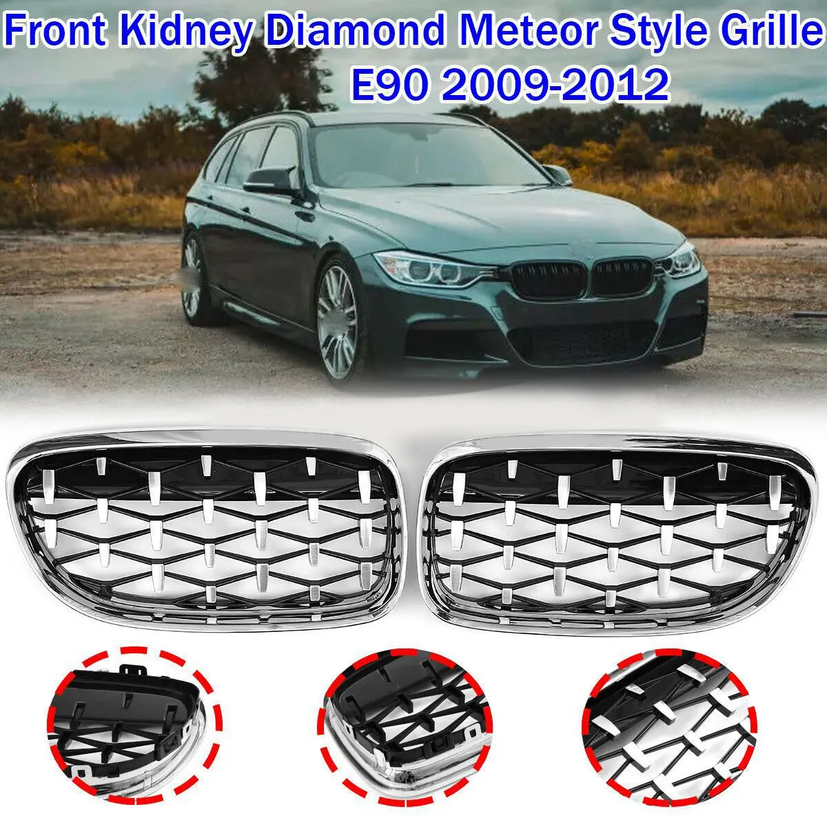 2Pcs Car Front Bumper Hood Kidney Grille Diamond Meteor Racing Grill Painted Chrome for -BMW 3 Series E90 2009-2012