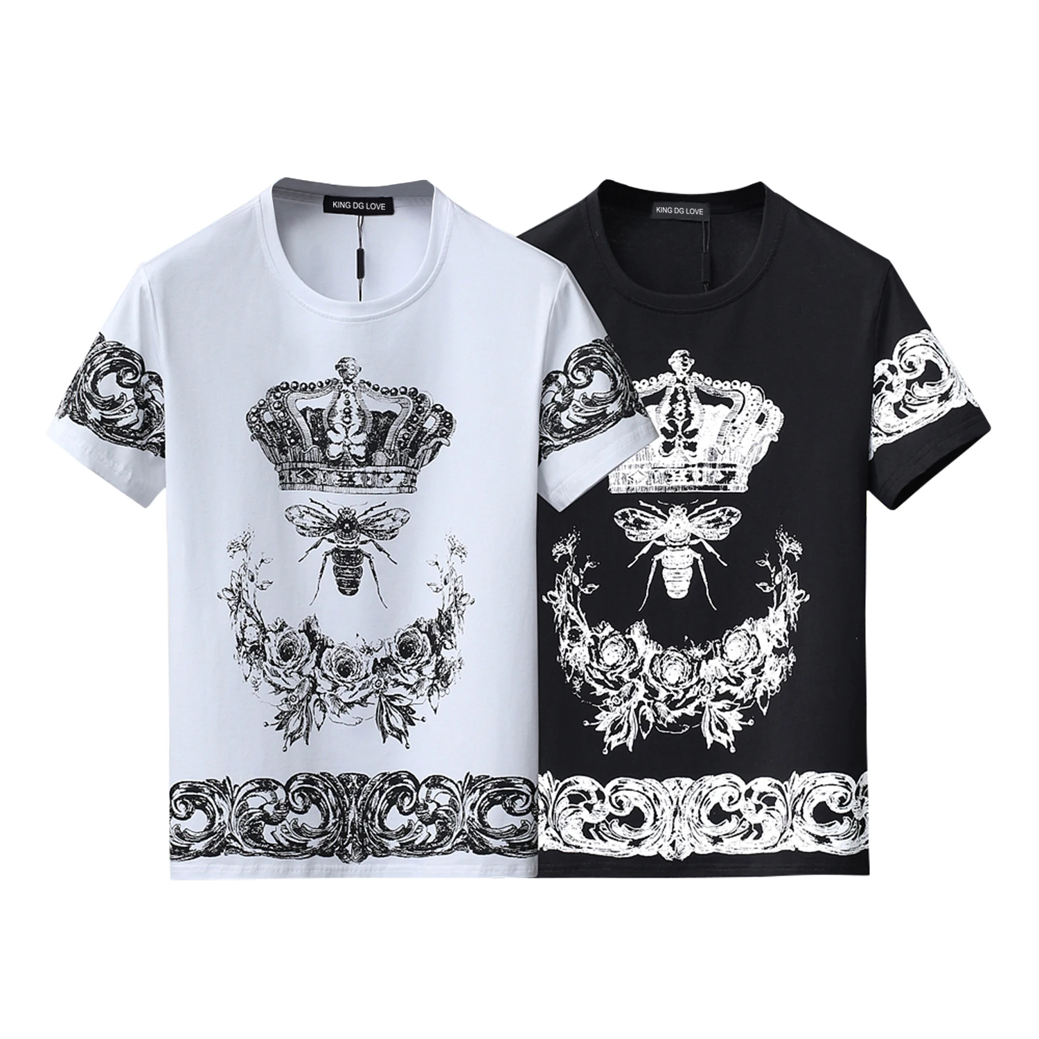 2024 New Summer T Shirts Crown and Bee Flowers Print T-shirt Men Fashion Casual 100% Cotton Plus Size Tops High Quality 8509