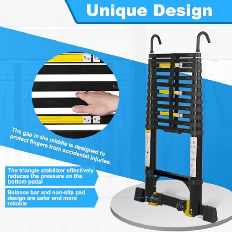 Telescoping Ladder 17.5 FT Aluminum Portable Extension Ladder w/Hooks Stabilizers Wheels Heavy Duty 330lbs Max Capacity Black
