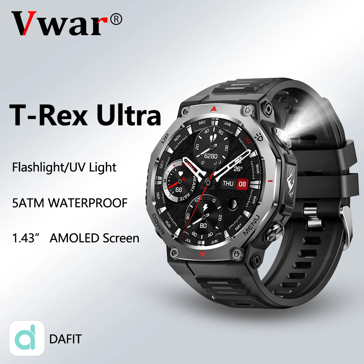 

Ультра умные часы VWAR T-Rex с фонариком/УФ-светом, 5 АТМ, водонепроницаемые, Bluetooth, спортивные умные часы для мужчин для Huawei Xiaomi