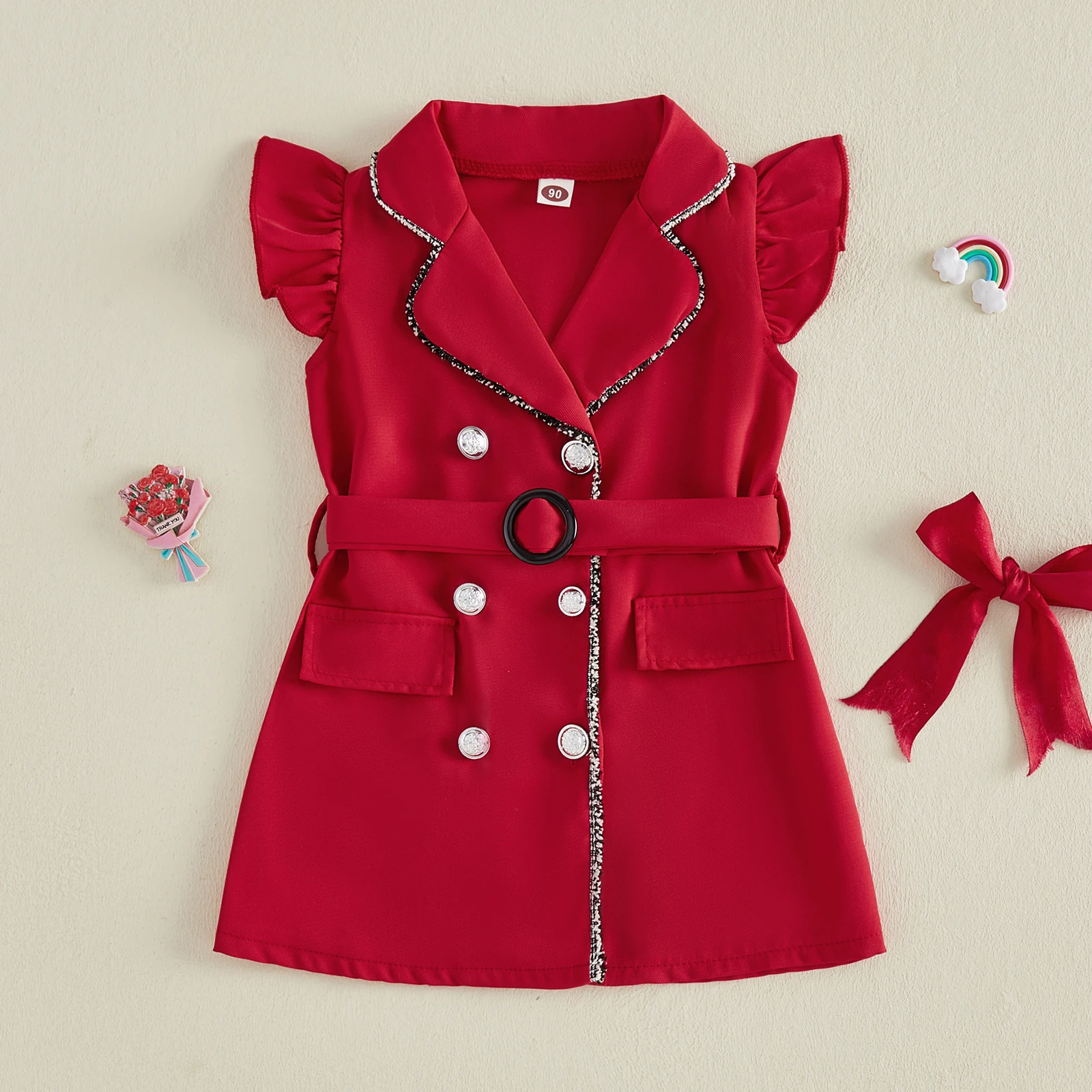 VISgogo Little Girl Formal Dress Flying Sleeve Lapel V Neck Contrast Color Button Down Front Dress with Belt