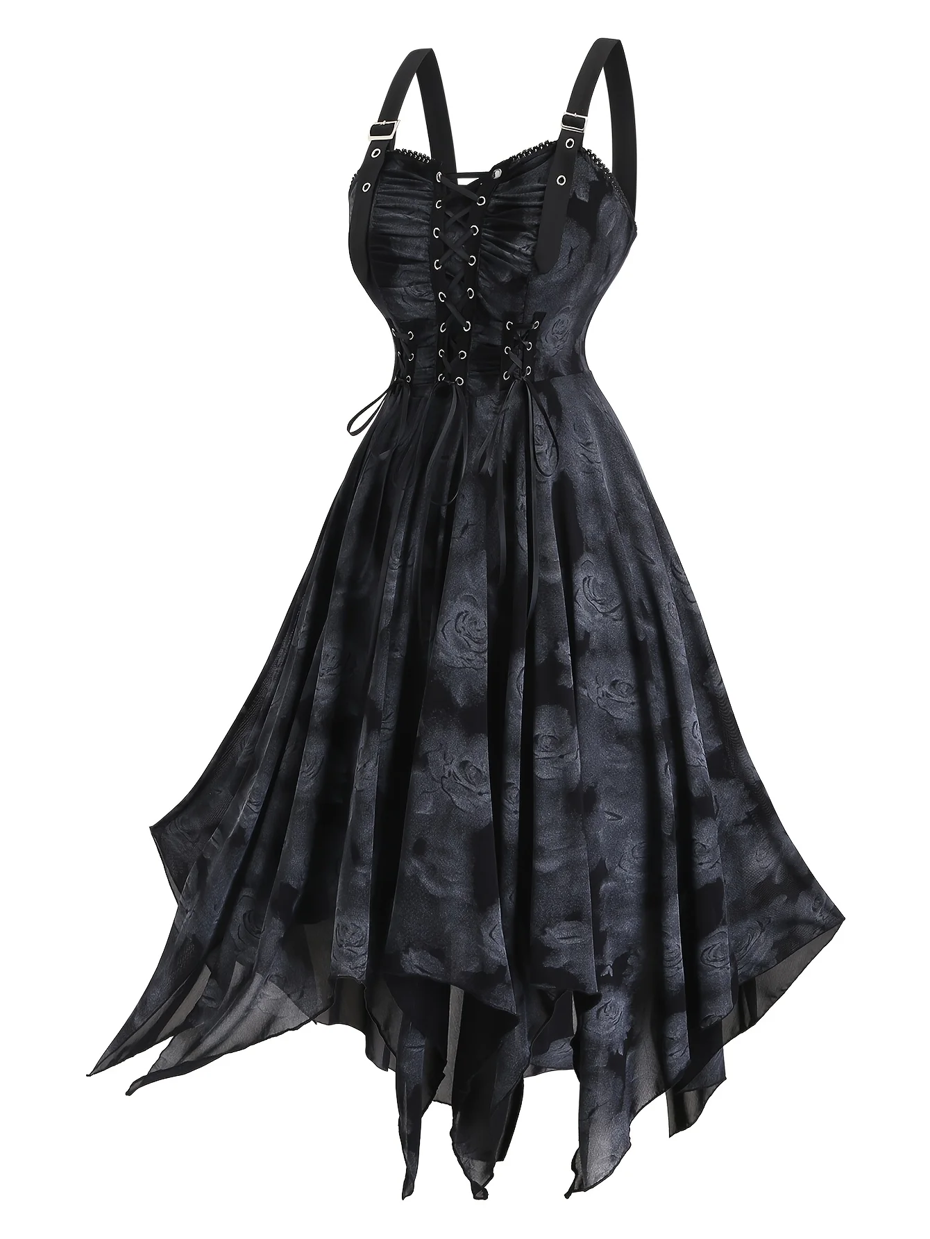 

Plus-size Gothic printed lace adjustable shoulder straps asymmetrical hem flowing midi dress, suitable for cosplay party dress