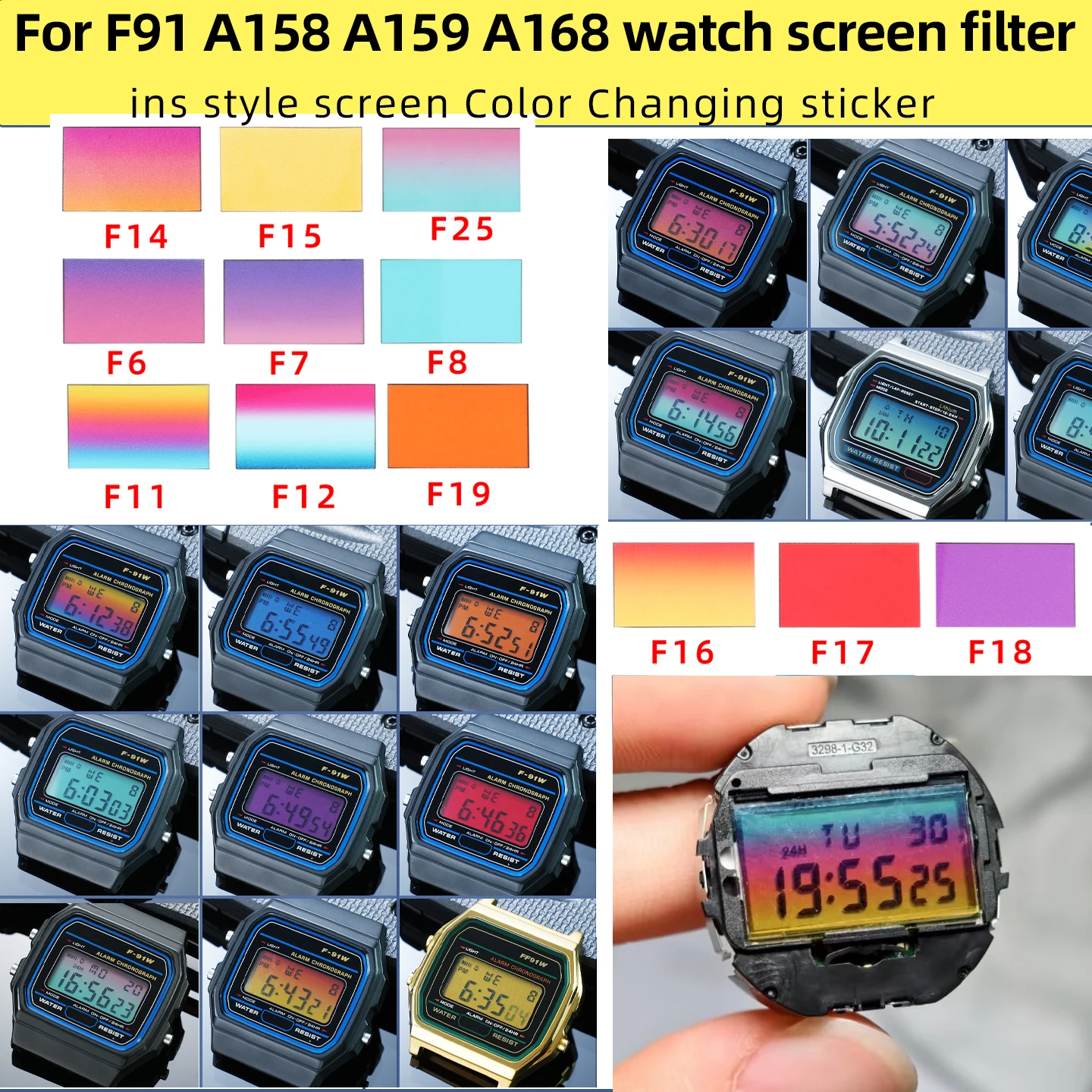 F91W Ins-style Color Display Film Stickers For Casio A158 A159 A168 Screen Overlay Sticker High-definition Screen Sticker strap