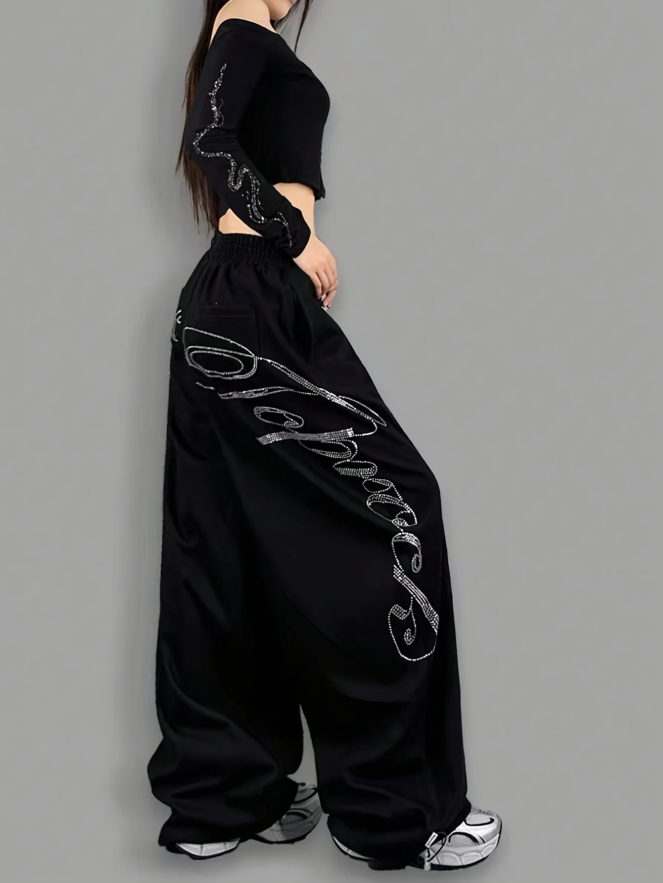 Black Oversized Wide Leg Jogger Pants For Women Men Sparkle Graphic Elastic Waist Quick Dry Street Style Casual Trousers Kids
