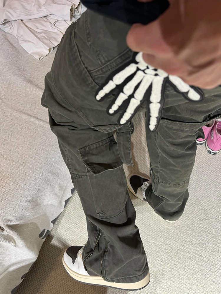 

Military een Cargo Pants Men's High Street Sle Side Zip Multi-ket Workwear Trousers Straight Leg Micro Flared Pants