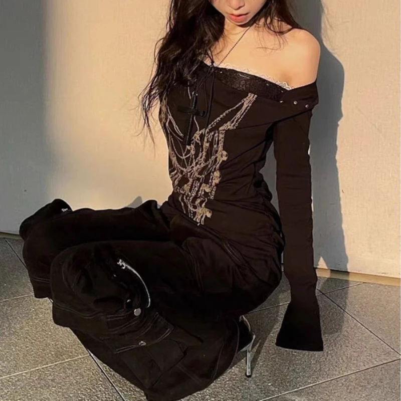 

American Fashion Sexy Spliced Lace Slash Neck Long Sleeve Shirts Y2k Aesthetic Print Lazy Punk Clothes Casual High Street Tees