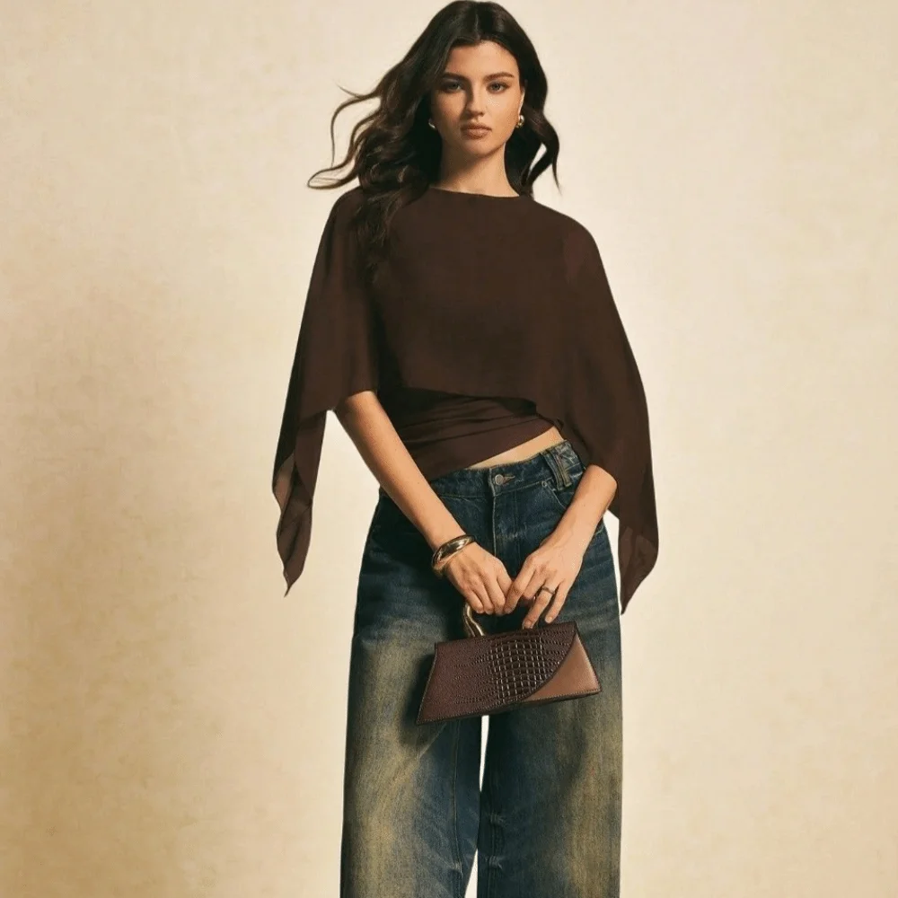 Chic Round Neck Cape Sleeve Top Ruched Waist Open Front False Two-Piece Tops Sheer Fabric Slim Fit Irregular T-Shirt Commuting