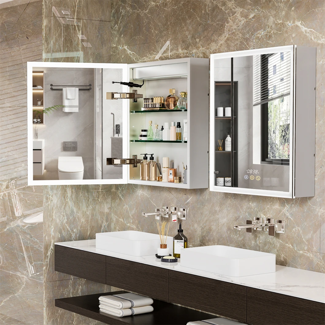 Bathroom Cabinet with Mirror Rectangle LED Lighted Mirror Wall Bathroom Medicine Cabinet w/ Bluetooth Speaker Aluminum Frame