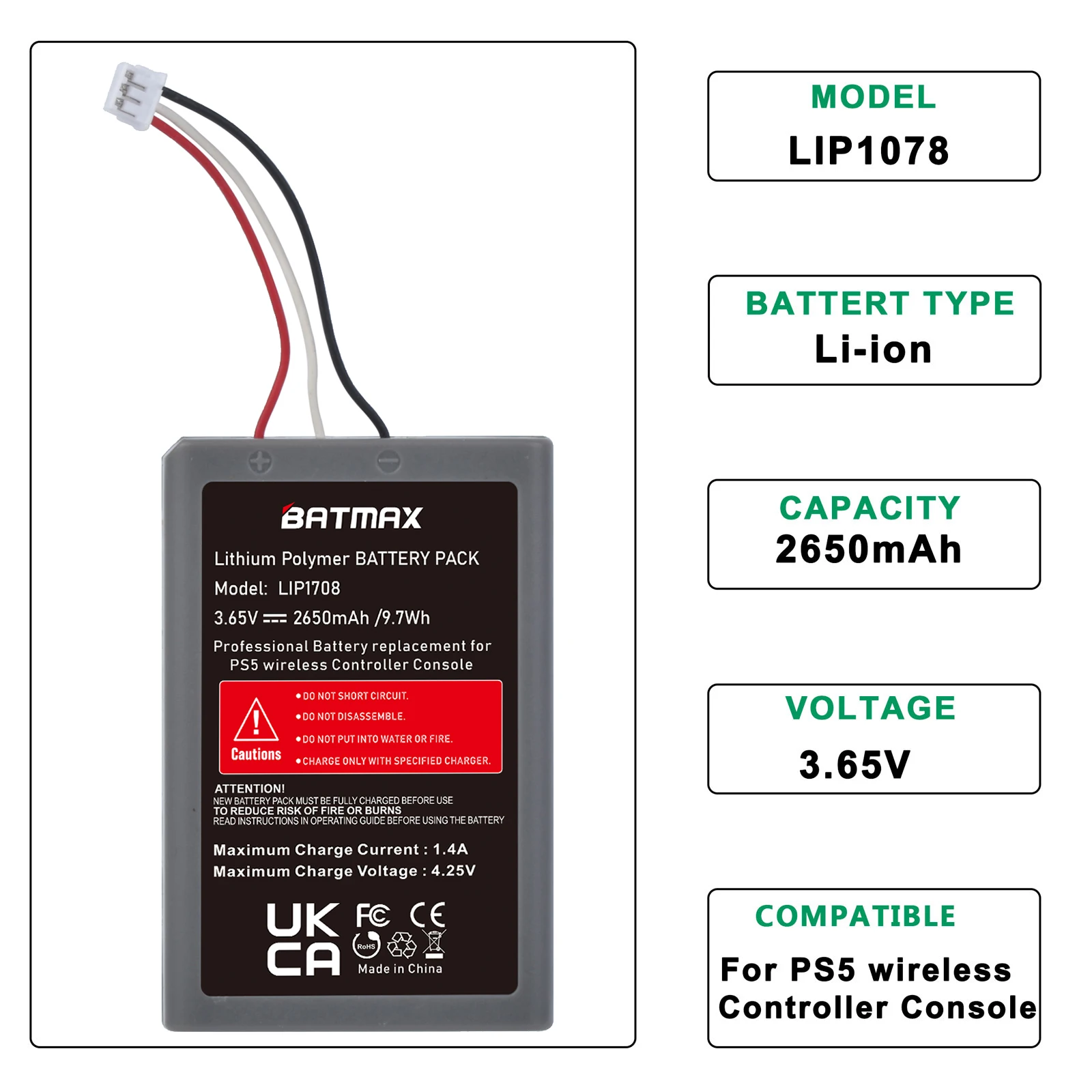 Battery for PS5 Controller,Rechargeable Li-ion Battery Akkus for DualSense Game Controller