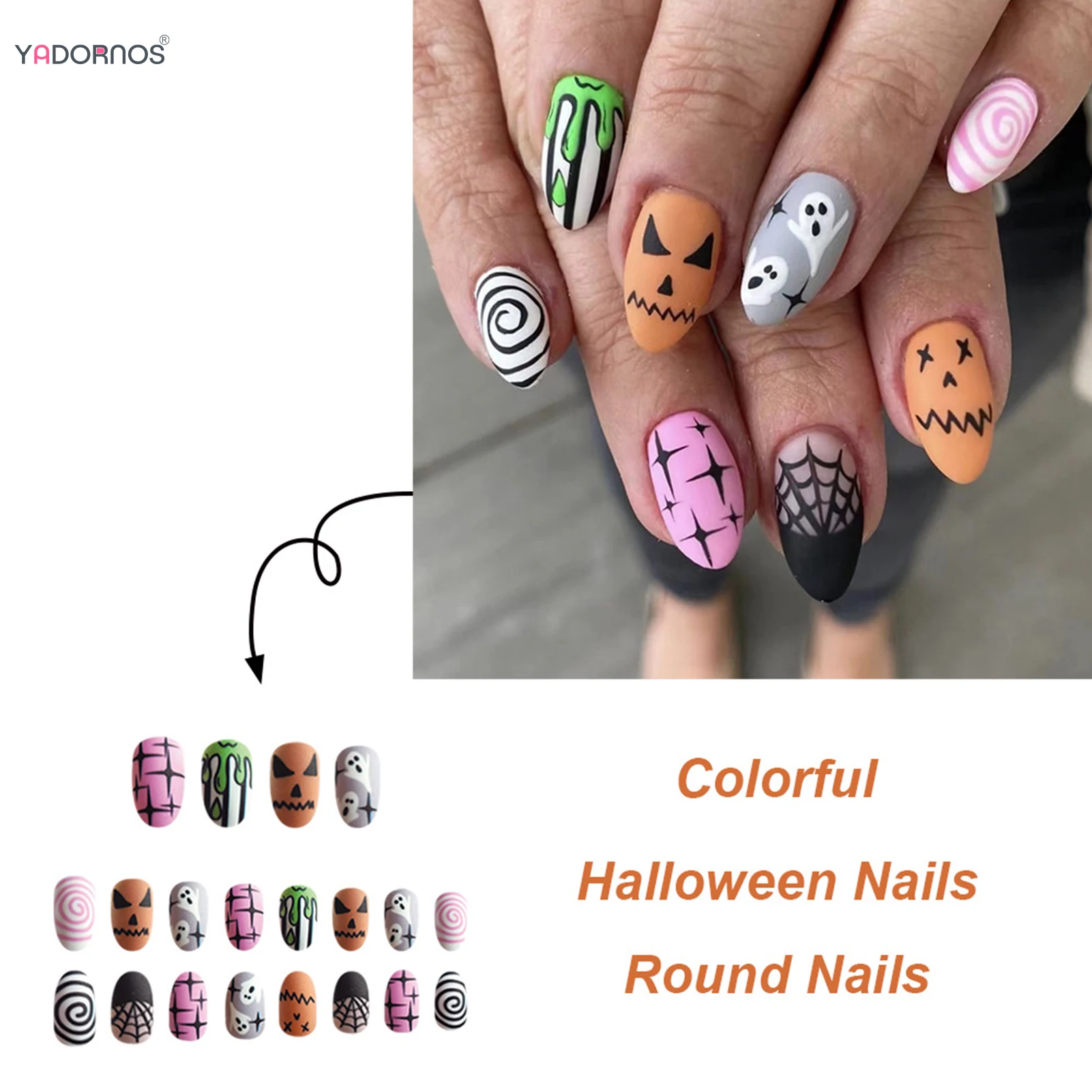 24ชิ้นธีมฮาโลวีนกดบนเล็บผีด้านแมงมุมองค์ประกอบดาวเล็บปลอมสวมใส่ได้เล็บปลอมอัลมอนด์สำหรับสาวร้อน