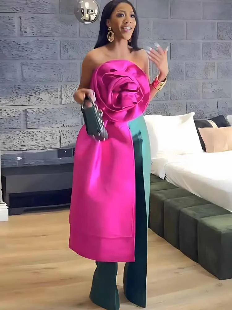 

BKQU Chic Large 3D Flower Women's Vest Strapless Zipper Backless Crop Top 2025 Summer Asymmetrical Ribbon Sexy Elegant Party Top