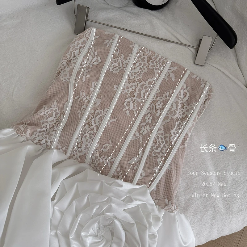 Słodka sukienka mini z koronką 3D w kształcie róży dla kobiet, bez rękawów, z wysokim stanem, z fiszbinami, bufiaste rękawy, haftowana koronka, satynowa sukienka w kwiaty.