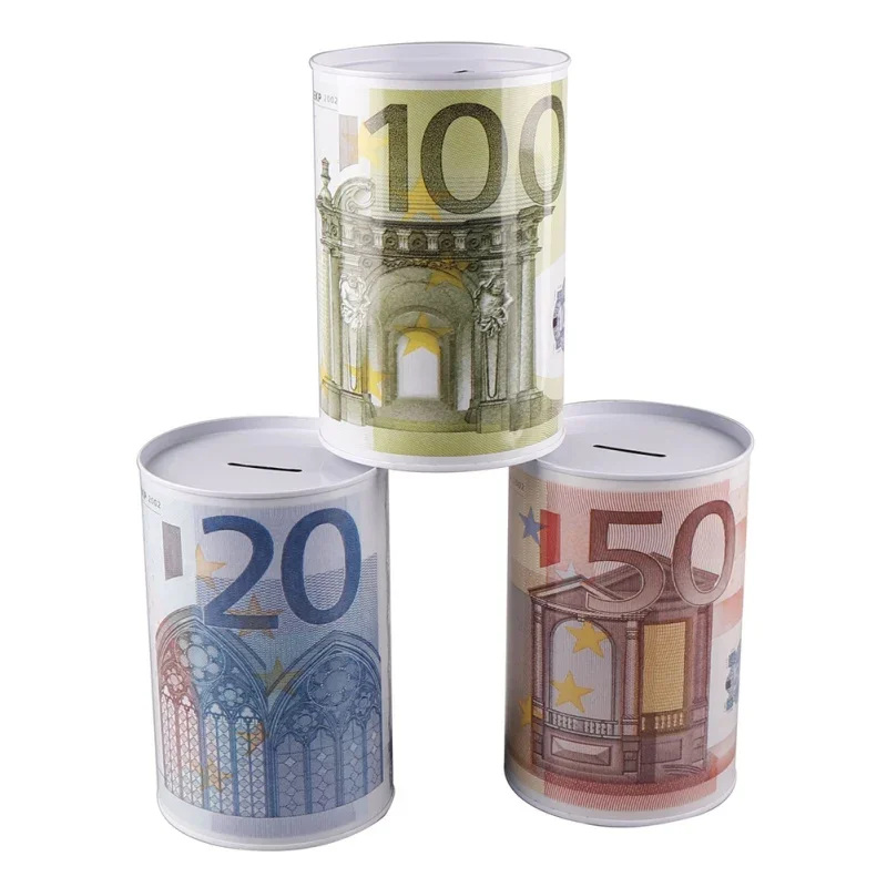 Round Piggy Bank Euro Dollar Printed Tin Plate Box Money Saving Pot Coin Box Gift Home Decoration Savings Coin Money Box #