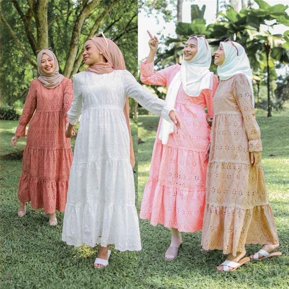 

Muslim Middle East Women's Dress Malaysia Indonesia Hollow Out Lace Dress Eid Mubarak Djellaba Jalabiya Party Gown Kaftan Abaya