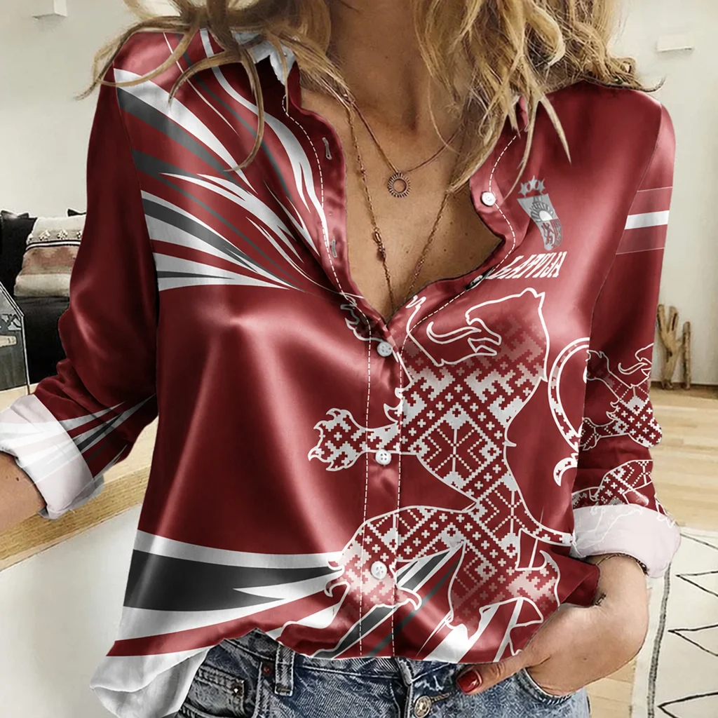 

New Latvian Printed Silky Button-Down Shirt, Hot Selling Women's Casual Street Style Shirt, Women's Satin Long-Sleeve Shirt