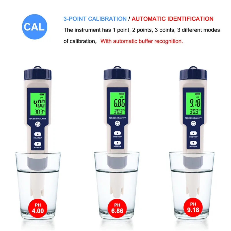 5 in 1 Water Quality Tester Digital TDS/EC/PH/Salinity/Temperature Meter for Pools Aquariums Water Quality Detector