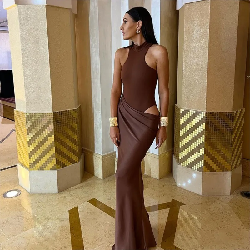 

Elegant Sleeveless Satin Patchwork Hollow Out One Piece Long Dress Asymmetric O-neck Elastic Tight Female Party Club Vestidos