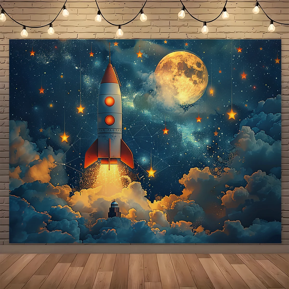Event Launch Party - 1 個の夢のような夜空のロケット壁取り付け、月、星、ロケット発射を特徴とする鮮やかな宇宙をテーマにしたアート