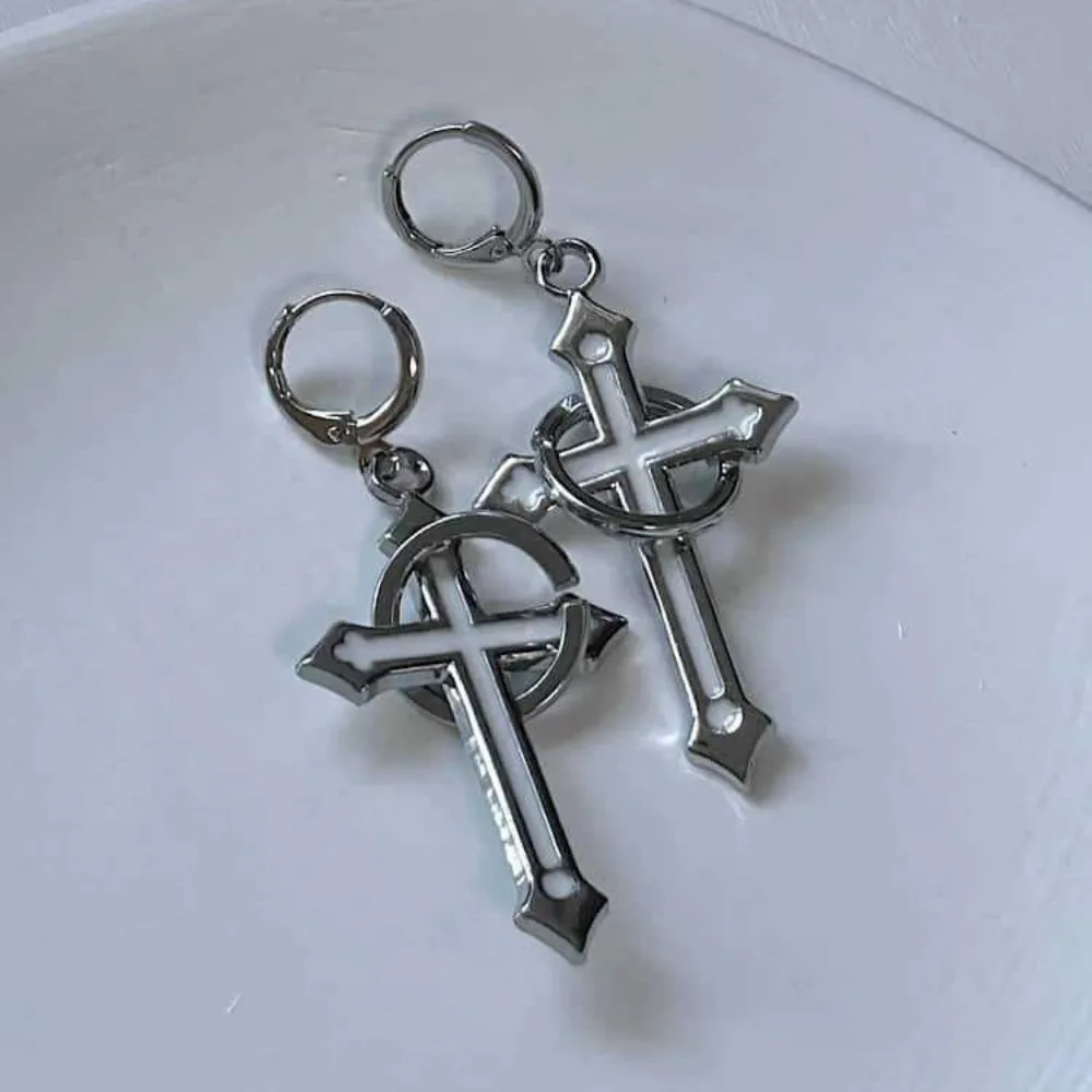Rock Gothic Sliver Color Circular Ring Cross Dangle Earring for Women Men Exaggerated Hoop Earrings Y2K Alt Aesthetic Jewelry
