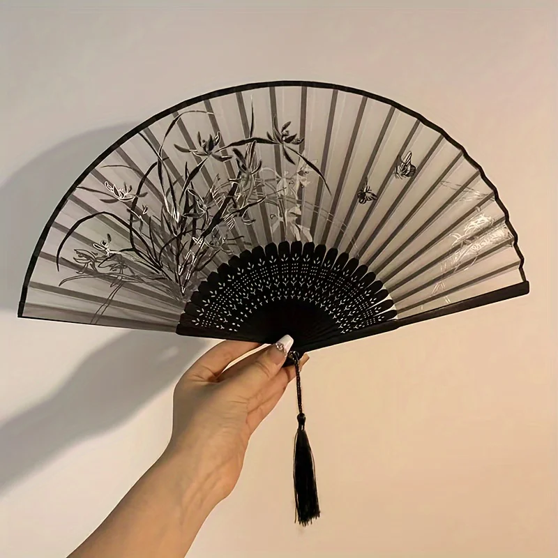 Ink Floral Print Folding Hand Fan with Tassel, Vintage Chinese Style Bamboo Silk Fan for Hanfu Qipao Portable Oriental Accessory