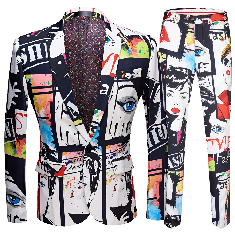 Fashion Men‘s Big Beauty Beautiful Eyes Printing Suits / Male Slim Singer Party Stage Dancer 2 Pieces Blazers Jacket Pants Dress