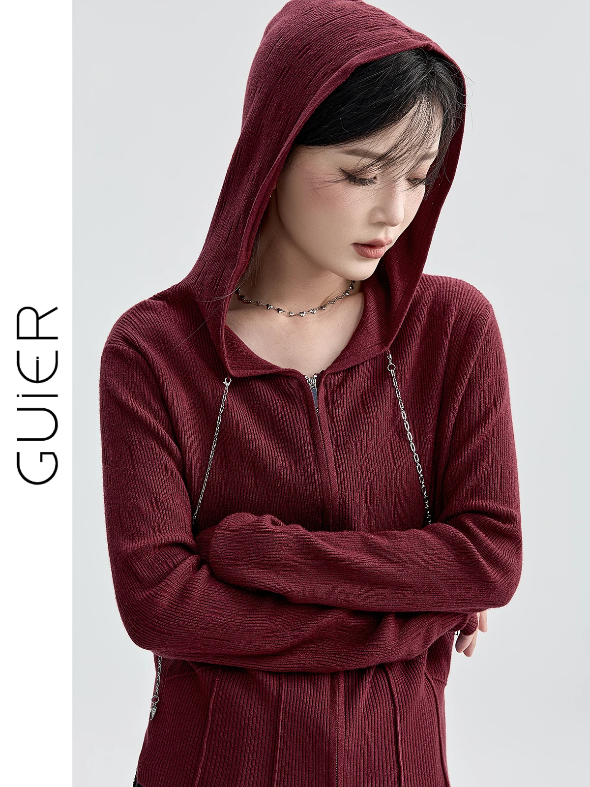 

Guier Women's Knitted Hooded Open Cardigan Slimming Top Vintage High-End Sle Long Sve Zipper Closure Color