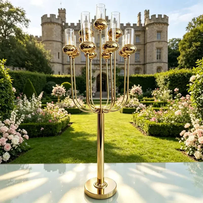 Luxury Gold Wrought Iron Candlestick Holder Elegant Wedding Centerpiece Floral Decoration for Hotel Banquet Table Ornament