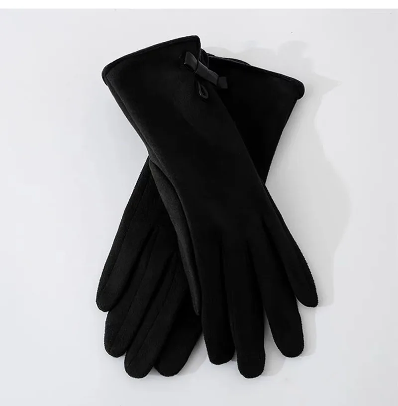 Fahion Suede Leather Bow Thicken Touch Screen Driving Warm Gloves For Sports Winter Outdoor Plus Velvet Cold Protection Women's