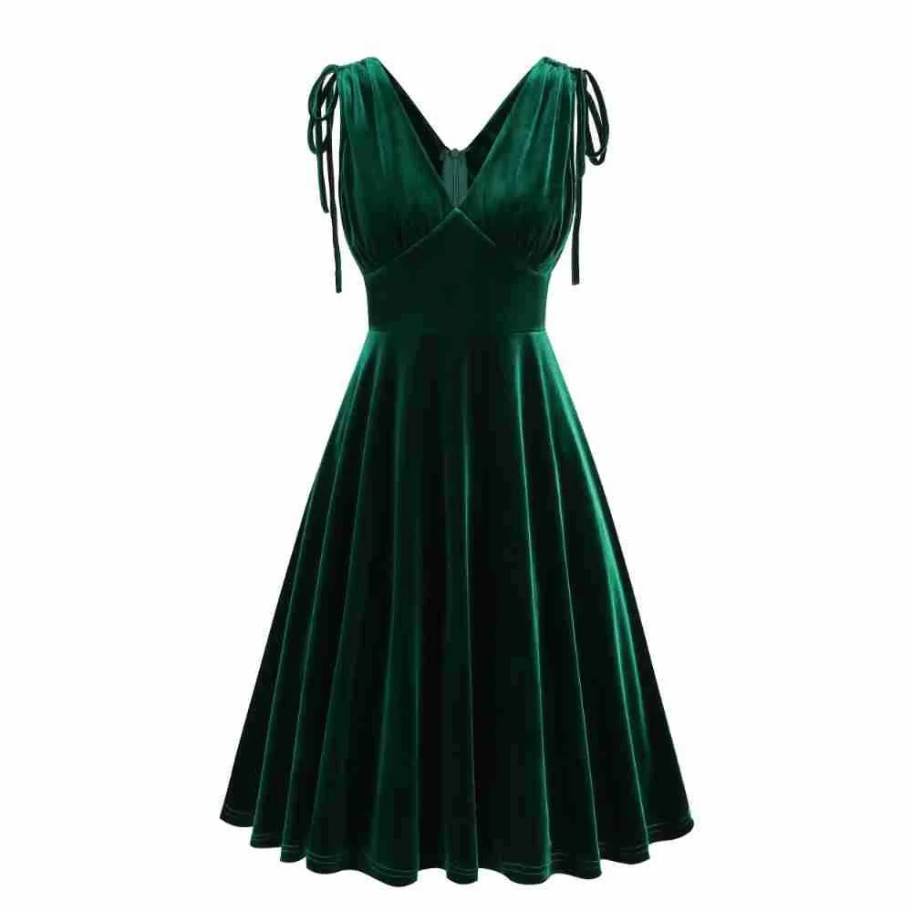 Women Vintage Velvet Dress Pleated Sleeveless Bow Drawstring Waist Dresses Elegant V Neck Solid Evening Gowns Retro Party Outfit