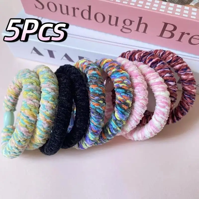 DJYOIE 5Pcs Color-Block Plush Hair Ties High Elasticity Thick Rubber Hair Loops for Women Makeup Skincare Routine