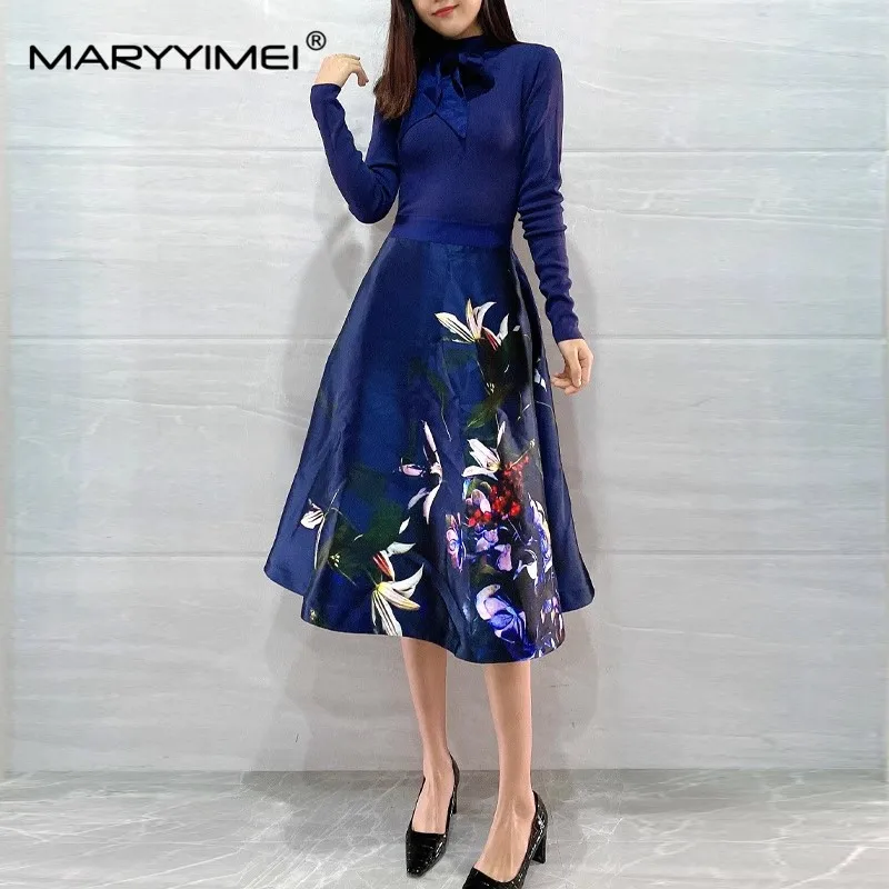 MARYYIMEI Fashion Designer Autumn Women\'s dress Long sleeved Knitting Patchwork Floral-Print Slim Elegant Dresses