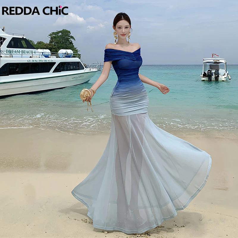 

ReddaChic One Shoulder Gradient Women Dress Pretty Elegant Off Shoulder Mesh Ruched Mermaid Maxi Long Dress Party Summer Clothes