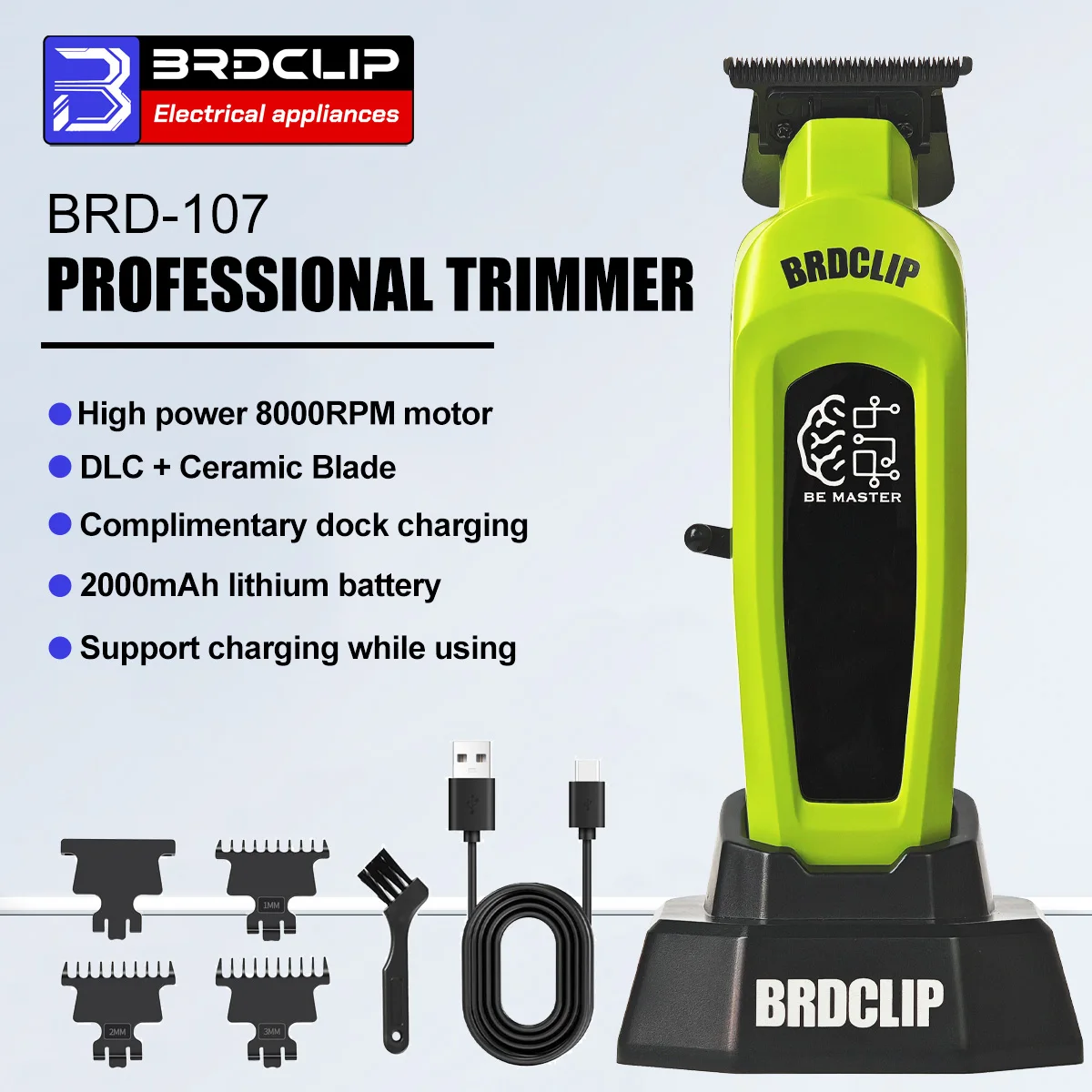 Professional BRDCLIP BRD107 8000RPM High Power Motor Hair Trimmer Powder metallurgy steel fixed ceramic moving blades With base