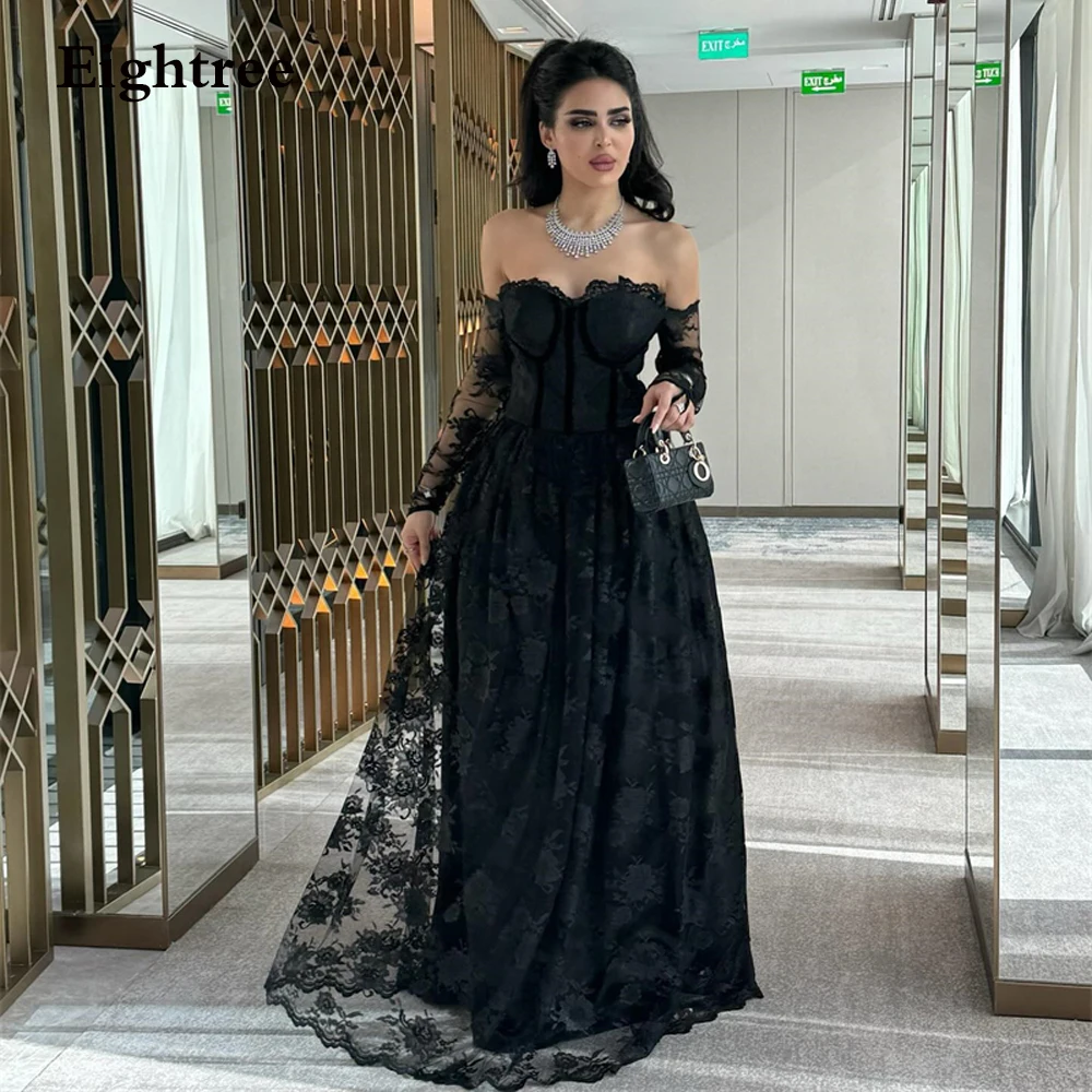 

Eightree Black Lace Evening Dresses Sleeve Sweetheart Tulle A Line Prom Party Dress Luxury Arabian Dubai Formal Occasion Gowns