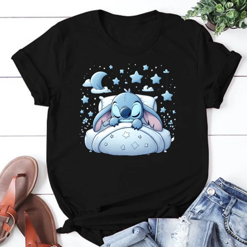 Disney-Camiseta gráfica feminina Lilo & Stitch de manga curta, camiseta feminina casual, roupas femininas, estampa Y2K, verão, novo