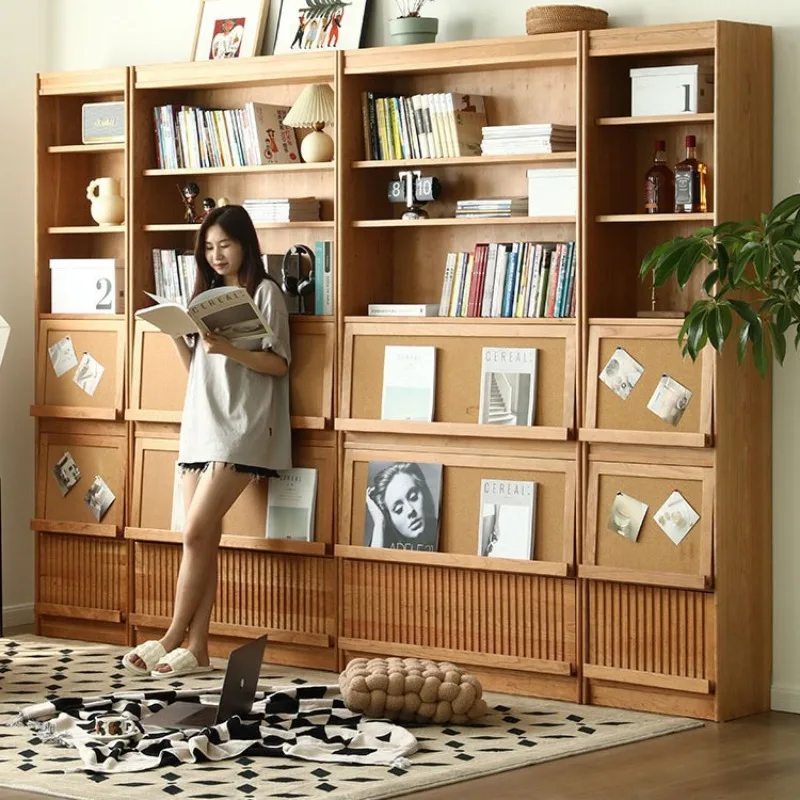 Solid wood bookcase The whole wall of the living room is a simple storage and storage bookcase combination