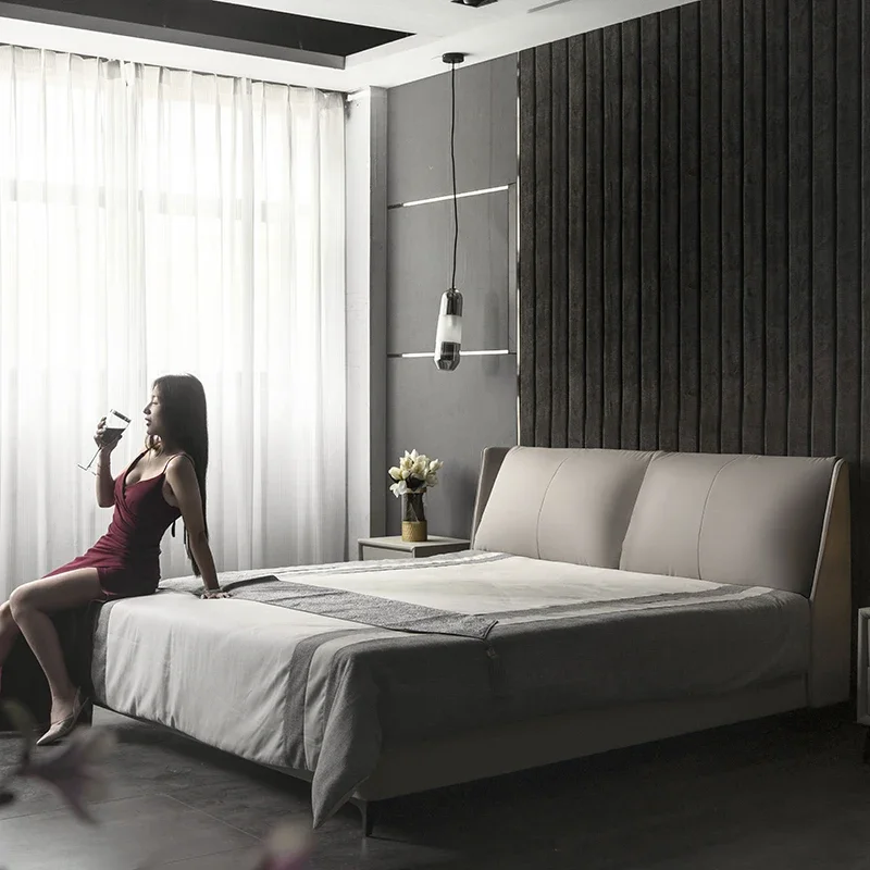 Italian minimalist modern minimalist light luxury master bedroom high-end atmospheric bed double leather wedding bed