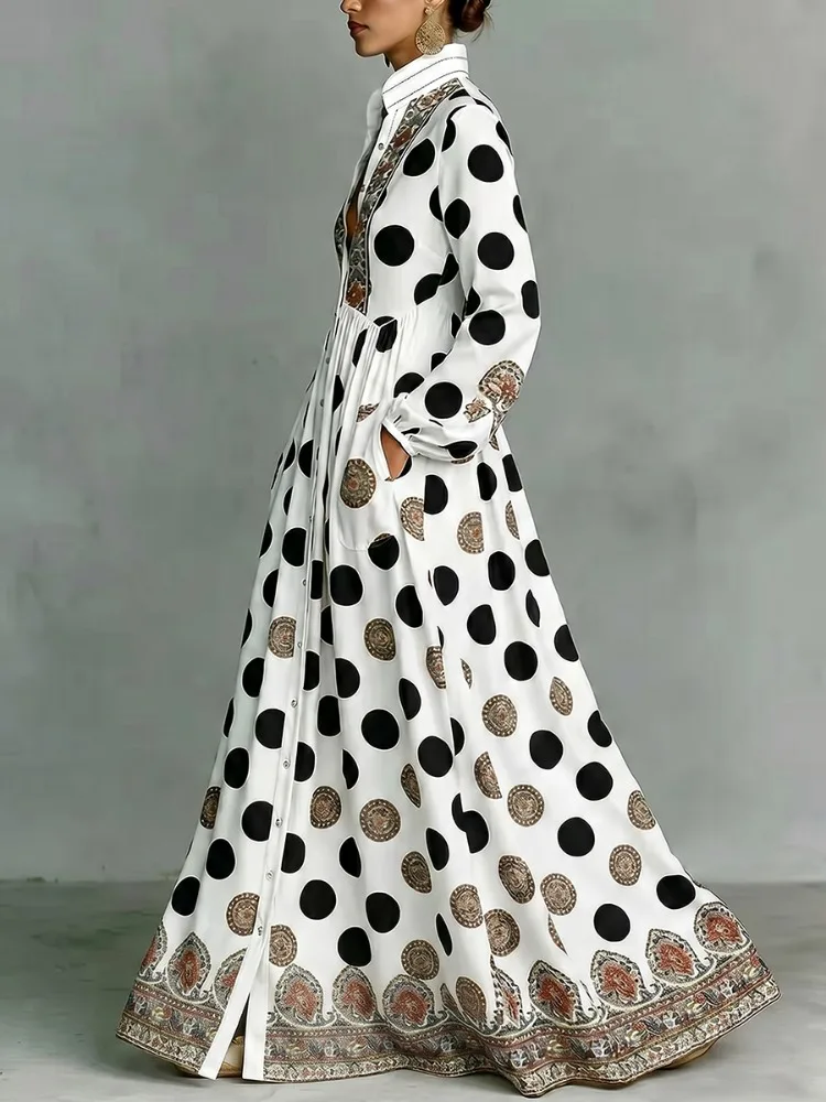 UOOZEE 2026 New Vintage Ethnic Printed Polka Dot Maxi Dresses For Women Long Sleeves Stand Collar High Waisted Party Shirt Dress